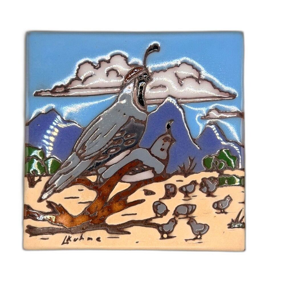 Vintage 1990 Earthtones Leone Kuhne Quail Family Hand Glazed Art Tile 6x6
